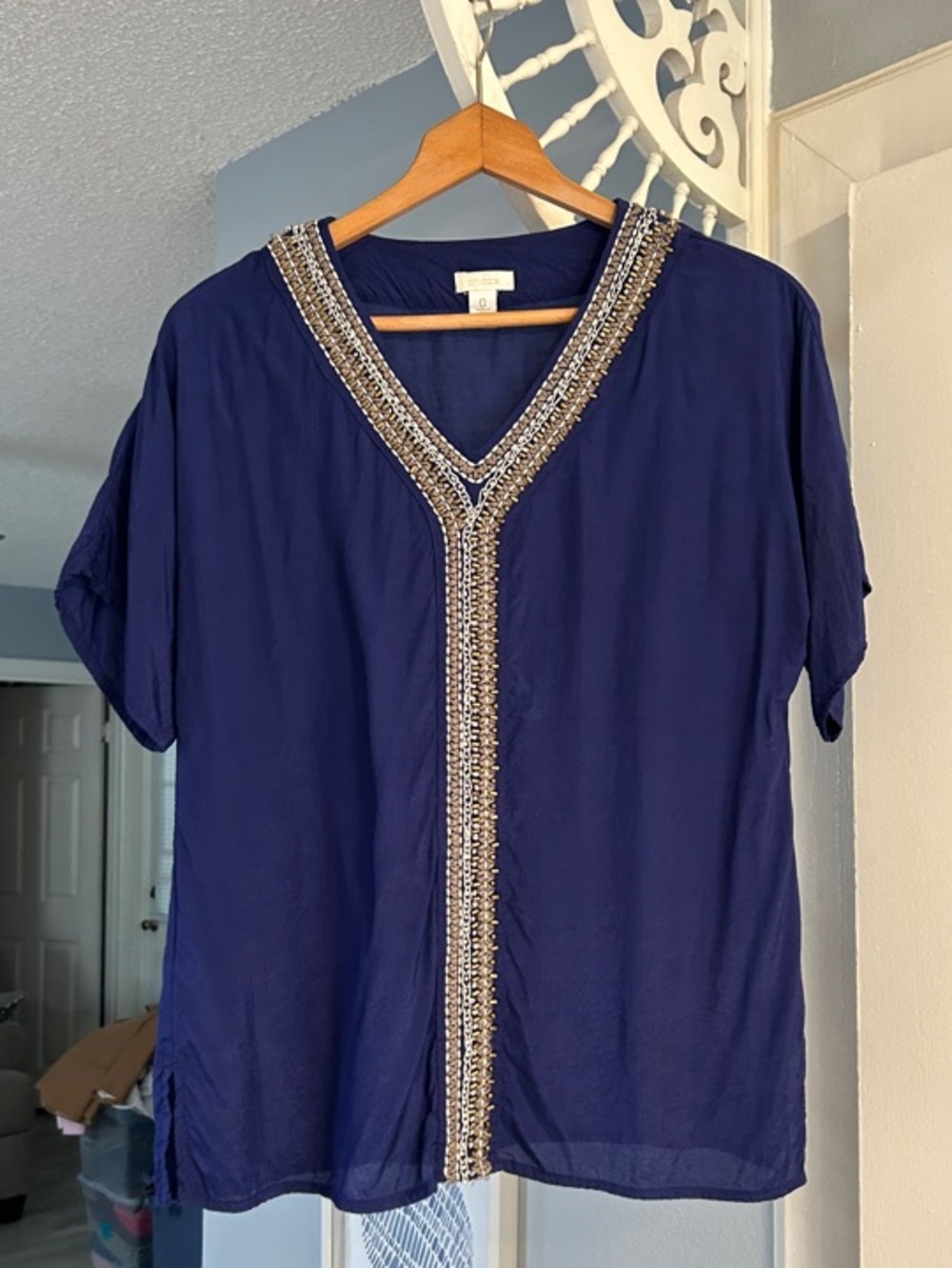 Chico's Women’s Rayon Navy Beaded V-Neck Tunic Chico’s Size 0 = US Size S